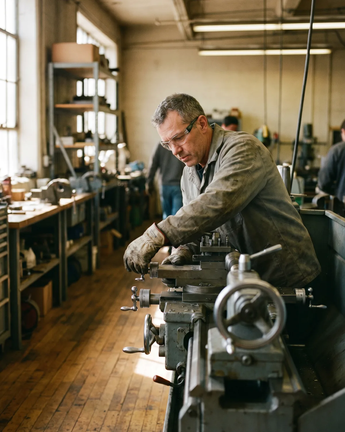 Facharbeiter mit Schutzbrille und Handschuhen konzentriert bei der Arbeit an einer Maschine