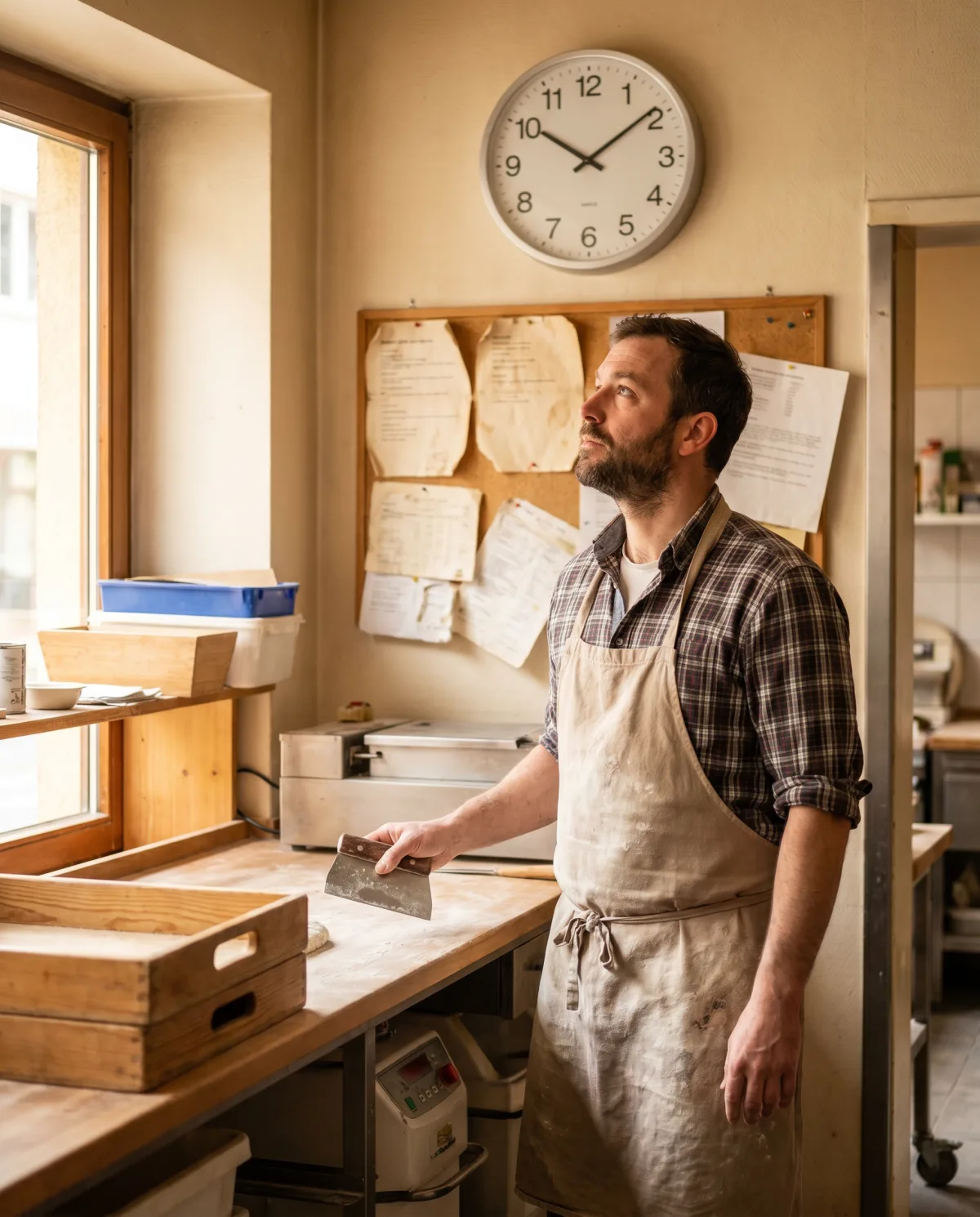 Mitarbeiter in einem Betrieb blickt während der Arbeit auf die Wanduhr neben dem schwarzen Brett
