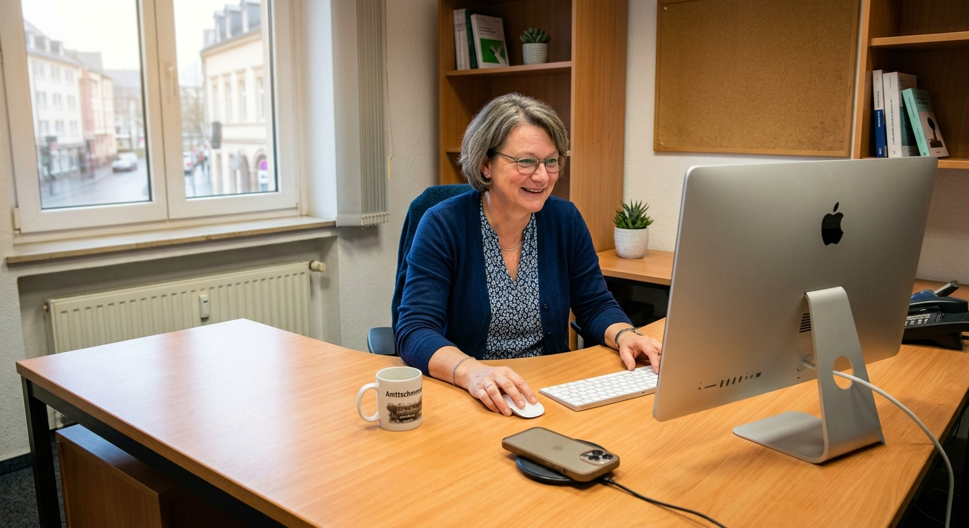 Entspannte Büromitarbeiterin am aufgeräumten Schreibtisch arbeitet zufrieden am Computer
