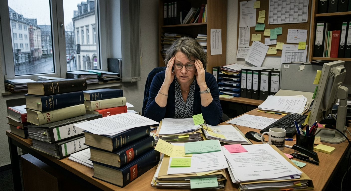 Gestresste Büromitarbeiterin zwischen Papierstapeln, Gesetzbüchern und Notizzetteln